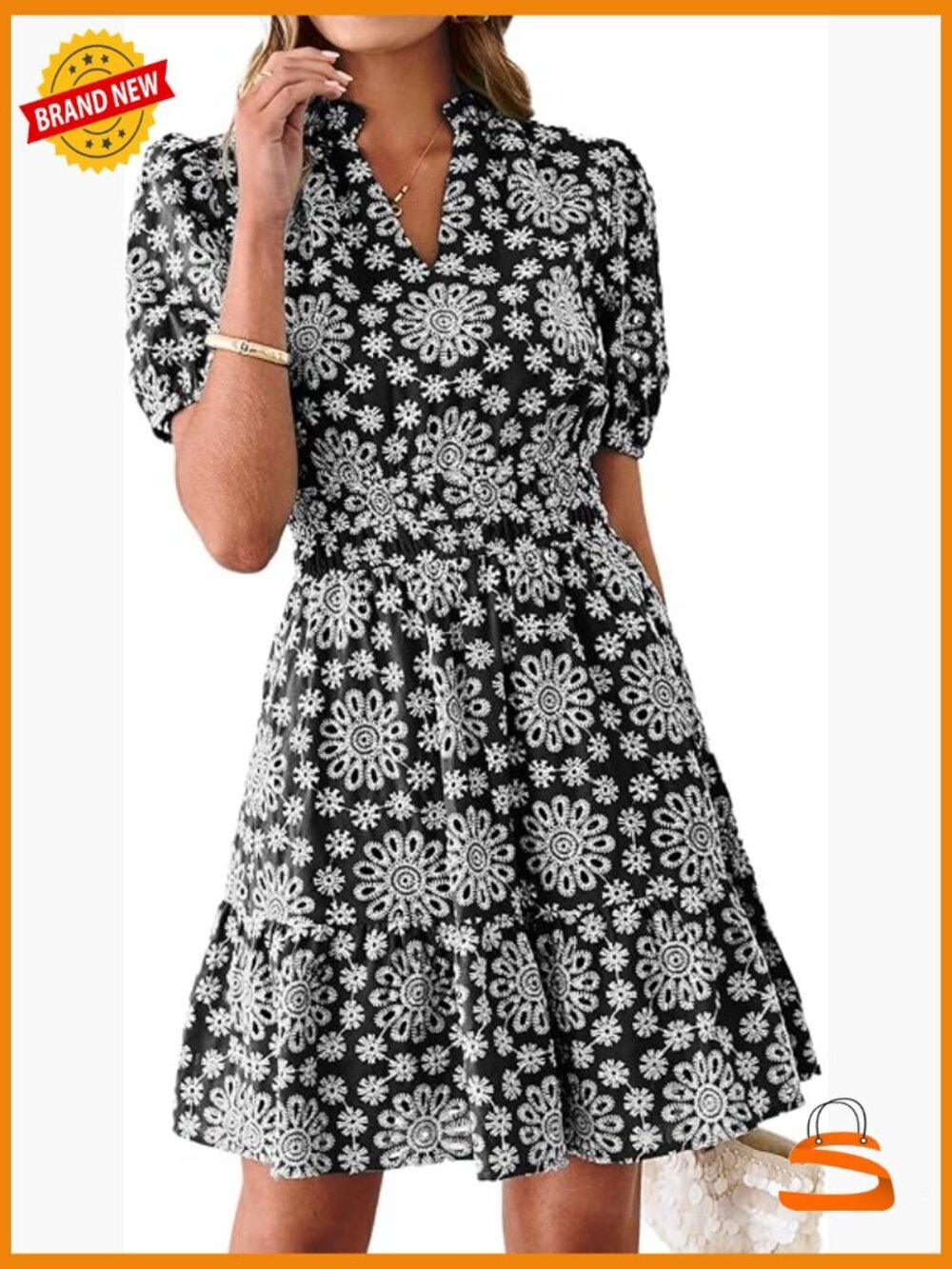 Women's Eyelet Lace Mini Dress with Puff Sleeves and Pockets